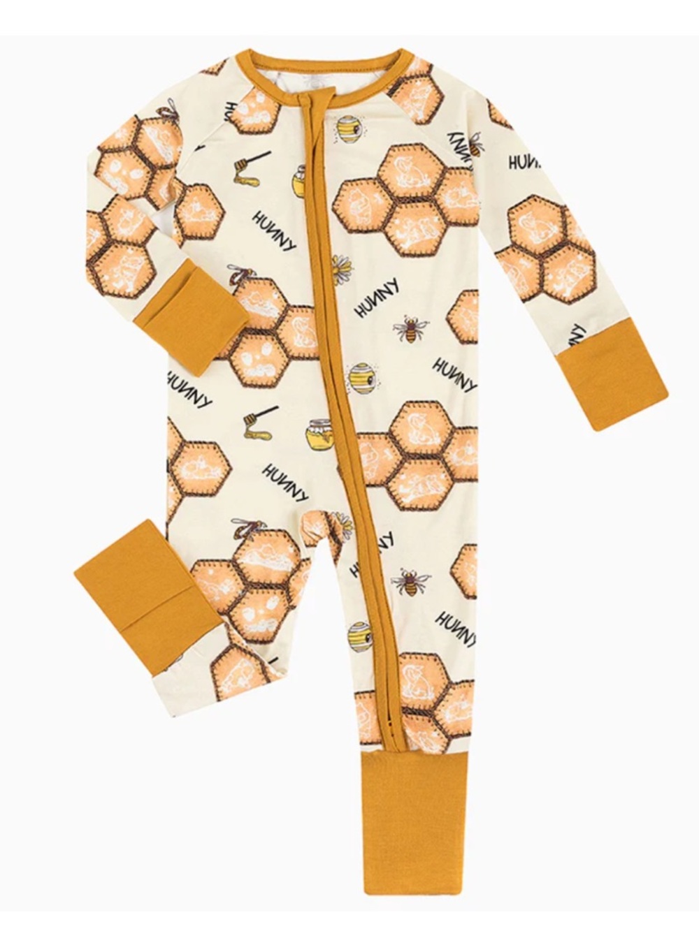 Honeycomb & Bees Footie One-Piece with Mustard Trim
